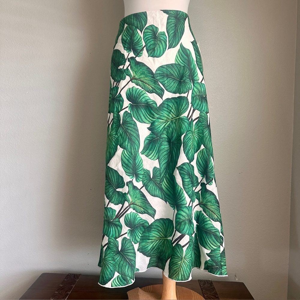 NWT Karen Kane Bias Cut Linen Midi Skirt Green Botanical Tropical Print L